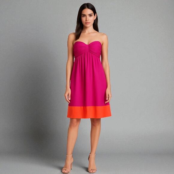 SHOSHANNA 100% Silk Strapless Dress Pink Orange Colorblock Bow Bust 6 - Picture 1 of 8